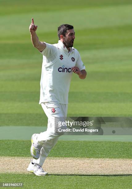 Ben Sanderson of Northamptonshire celebrates after taking the wicket of Mark Stoneman during the LV= Insurance County Championship Division 1 match...