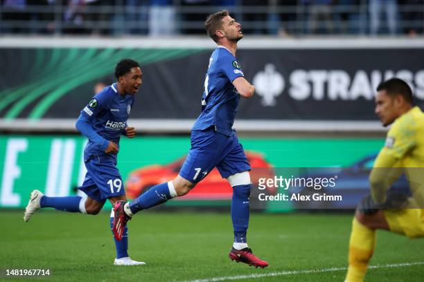 Hugo Cuypers of KAA Gent celebrates after scoring the team's first goal during the UEFA Europa Conference League quarterfinal first leg match between...