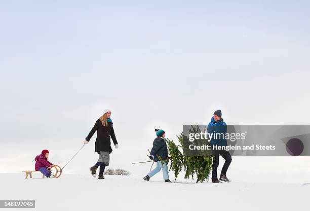 family walking together in snow - love celebration stock-fotos und bilder