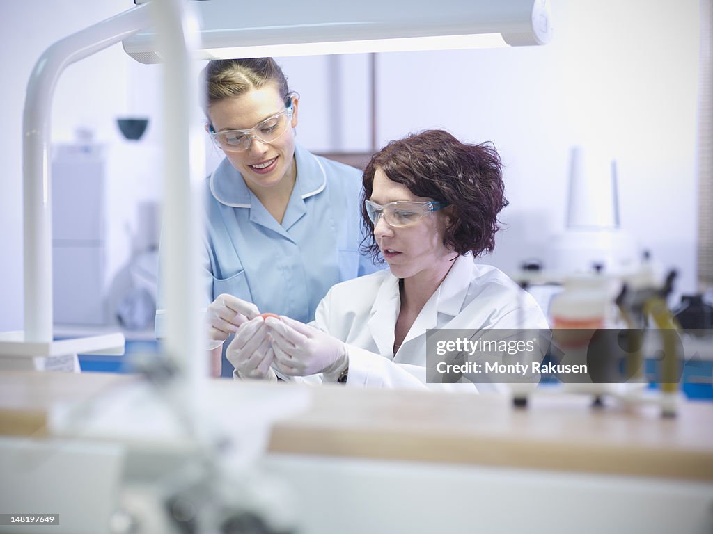 Professional dentist and apprentice looking at equipment in dental laboratory