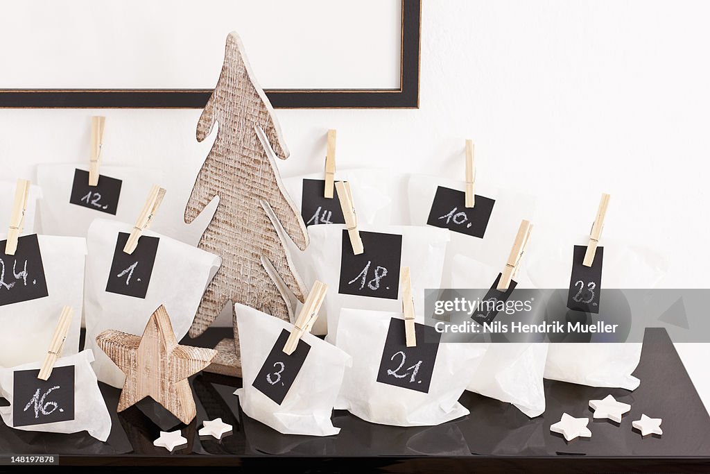 Numbered bags on desk