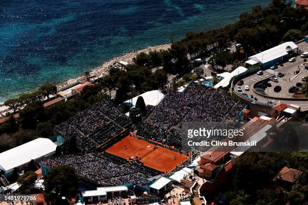 General view over looking Monte Carlo Tennis and Country Club showing Court Rainier III during day five of the Rolex Monte-Carlo Masters at...