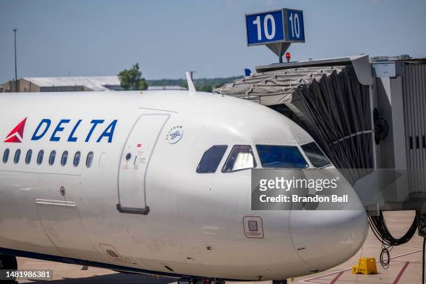 Delta Air lines is seen at its terminal at the Austin-Bergstrom International Airport on April 13, 2023 in Austin, Texas. Delta Air Lines reported a...