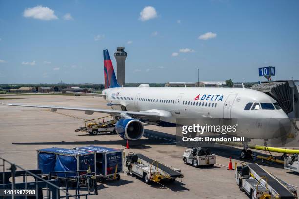 Delta Air lines plane is seen at its terminal at the Austin-Bergstrom International Airport on April 13, 2023 in Austin, Texas. Delta Air Lines...