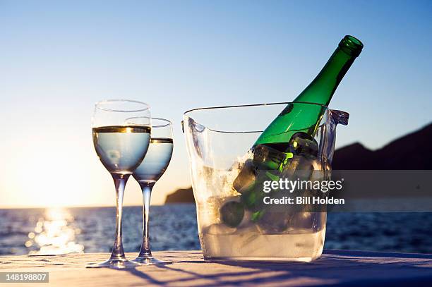 wine glasses and bottle outdoors - ice bucket stockfoto's en -beelden