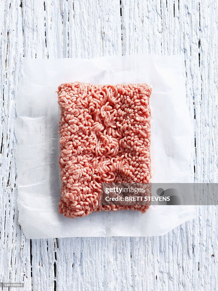 Close up of ground pork in butcher paper