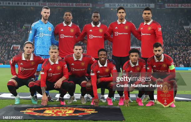 The Manchester United team lines up ahead of the UEFA Europa League quarterfinal first leg match between Manchester United and Sevilla FC at Old...