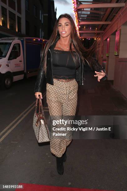 Katie Price seen attending "Vardy v Rooney: The Wagatha Christie Trial" gala night on April 13, 2023 in London, England.