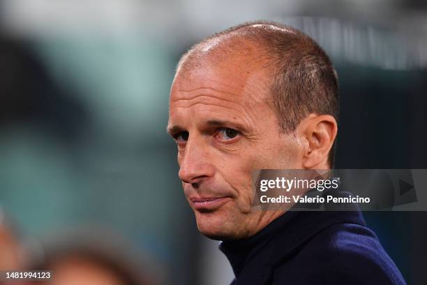 Massimiliano Allegri, Manager of Juventus, looks on prior to the UEFA Europa League quarterfinal first leg match between Juventus and Sporting CP at...