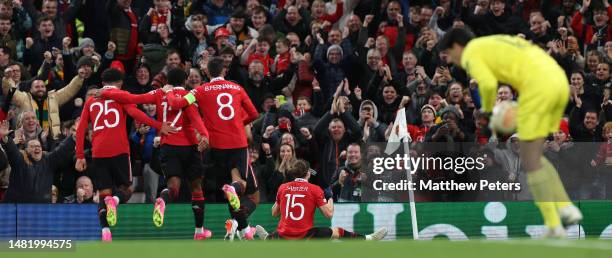 Marcel Sabitzer of Manchester United celebrates scoring their first goal during the UEFA Europa League quarterfinal first leg match between...