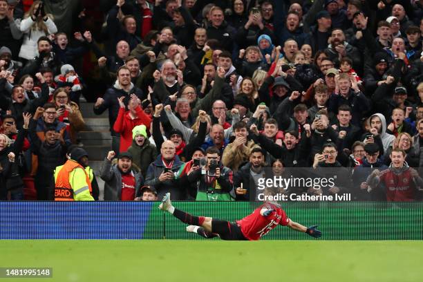 Marcel Sabitzer of Manchester United celebrates after scoring the team's first goal in-front of fans during the UEFA Europa League quarterfinal first...