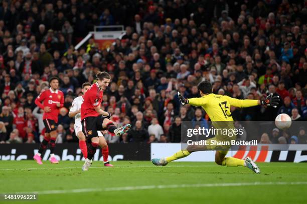 Marcel Sabitzer of Manchester United scores the team's second goal past Yassine Bounou of Sevilla FC during the UEFA Europa League quarterfinal first...