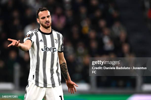 Federico Gatti of Juventus reacts during the UEFA Europa League quarter final first leg match between Juventus and Sporting CP at Allianz Stadium on...