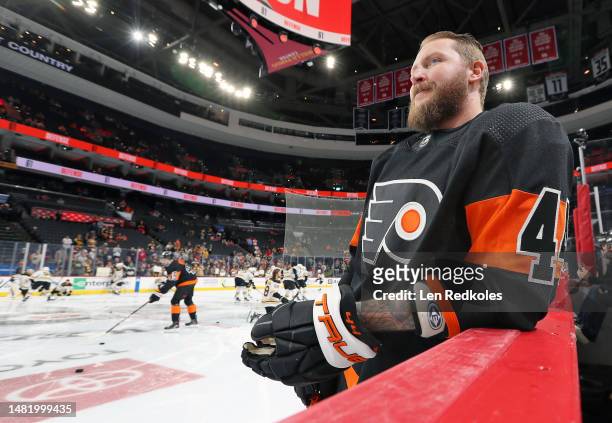Nicolas Deslauriers of the Philadelphia Flyers looks on during warm-ups prior to his game against the Boston Bruins at the Wells Fargo Center on...