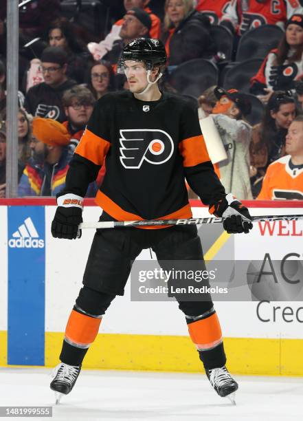 Travis Sanheim of the Philadelphia Flyers stands at the blue line prior to puck drop against the Boston Bruins at the Wells Fargo Center on April 9,...