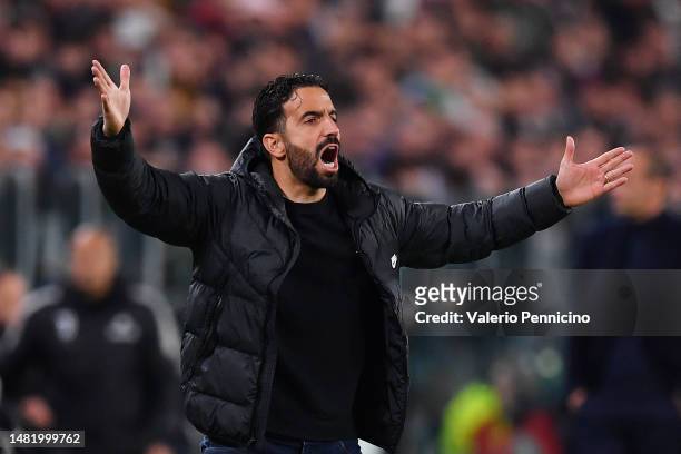 Ruben Amorim, Manager of Sporting CP, reacts during the UEFA Europa League quarterfinal first leg match between Juventus and Sporting CP at Allianz...