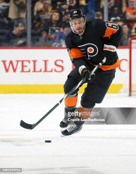 Justin Braun of the Philadelphia Flyers skates the puck against the Boston Bruins at the Wells Fargo Center on April 9, 2023 in Philadelphia,...