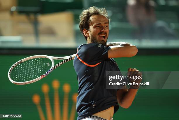 Daniil Medvedev plays a forehand against Alexander Zverev of Germany in their third round match during day five of the Rolex Monte-Carlo Masters at...