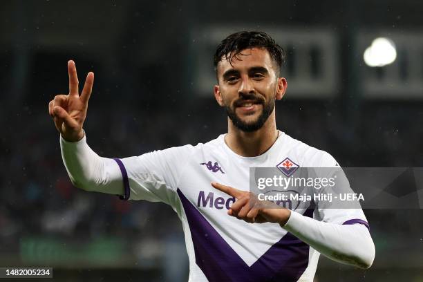 Nicolas Gonzalez of ACF Fiorentina celebrates after scoring the team's second goal during the UEFA Europa Conference League quarterfinal first leg...