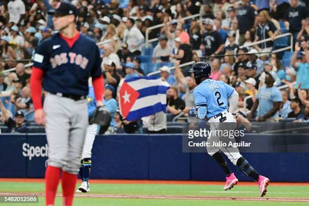 Yandy Diaz of the Tampa Bay Rays runs the bases after hitting a home run off of Corey Kluber of the Boston Red Sox in the first inning at Tropicana...