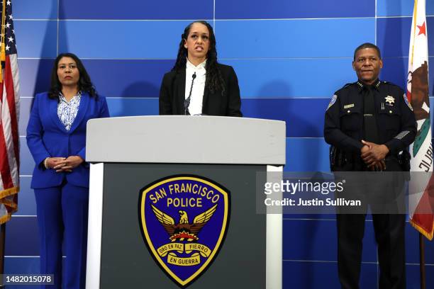 San Francisco district attorney Brooke Jenkins speaks during a press conference with San Francisco Mayor London Breed and San Francisco police chief...