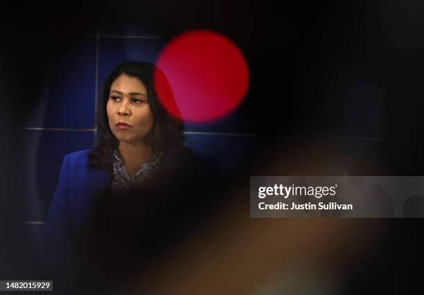 San Francisco Mayor London Breed looks on during a press conference at San Francisco Police headquarters on April 13, 2023 in San Francisco,...