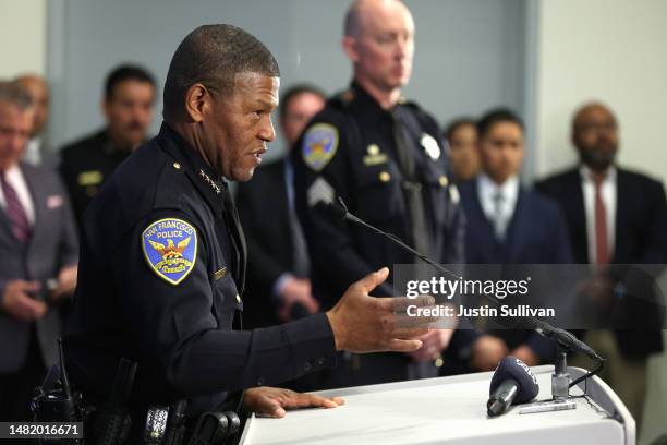 San Francisco police chief William Scott speaks during a press conference at San Francisco Police headquarters on April 13, 2023 in San Francisco,...