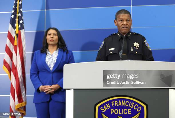San Francisco police chief William Scott speaks as San Francisco Mayor London Breed looks on during a press conference at San Francisco Police...
