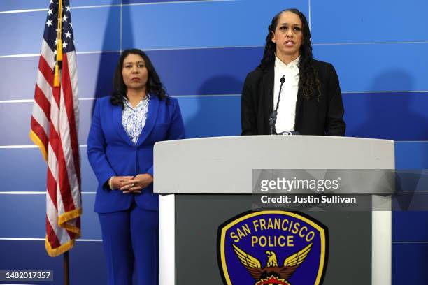 San Francisco district attorney Brooke Jenkins speaks as San Francisco Mayor London Breed looks on during a press conference at San Francisco Police...