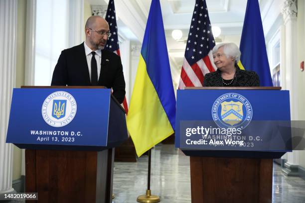 Secretary of the Treasury Janet Yellen and Ukraine Prime Minister Denys Shmyhal deliver remarks after a bilateral meeting during the annual Spring...