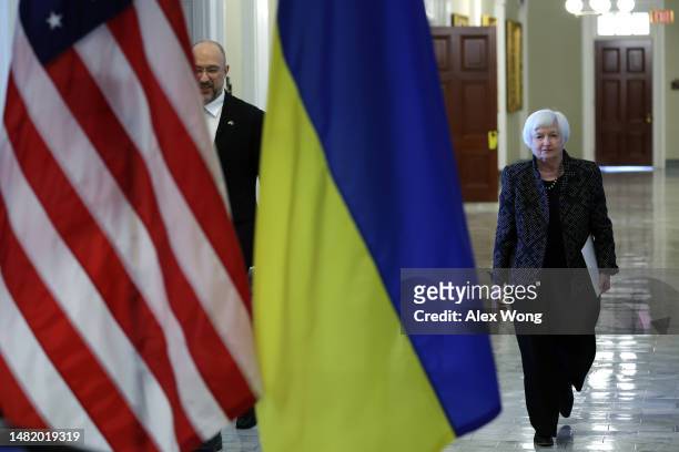 Secretary of the Treasury Janet Yellen and Ukraine Prime Minister Denys Shmyhal approach the podiums to deliver remarks after a bilateral meeting...