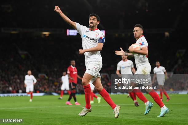 Jesus Navas of Sevilla FC celebrates after an own goal scored by Tyrell Malacia of Manchester United , Sevilla FC's first goal during the UEFA Europa...