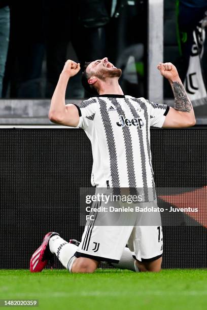 Federico Gatti of Juventus celebrates after scoring his team's first goal during the UEFA Europa League quarter final first leg match between...