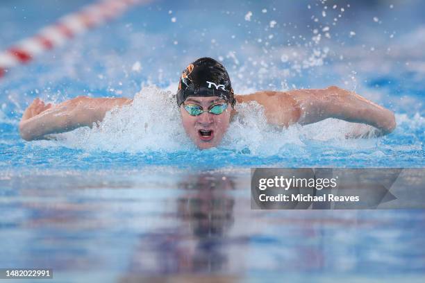 Mitchell Schott competes in the Men's 100 Meter Butterfly heats on Day 2 of the TYR Pro Swim Series Westmont on April 13, 2023 in Westmont, Illinois.