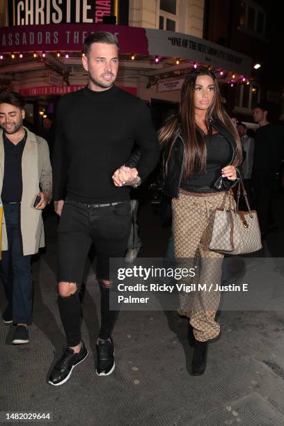 Carl Woods and Katie Price seen leaving Vardy v Rooney: The Wagatha Christie Trial - gala night on April 13, 2023 in London, England.
