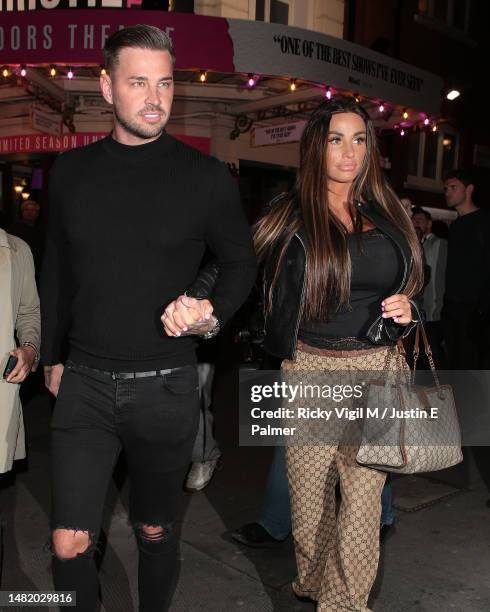 Carl Woods and Katie Price seen leaving Vardy v Rooney: The Wagatha Christie Trial - gala night on April 13, 2023 in London, England.