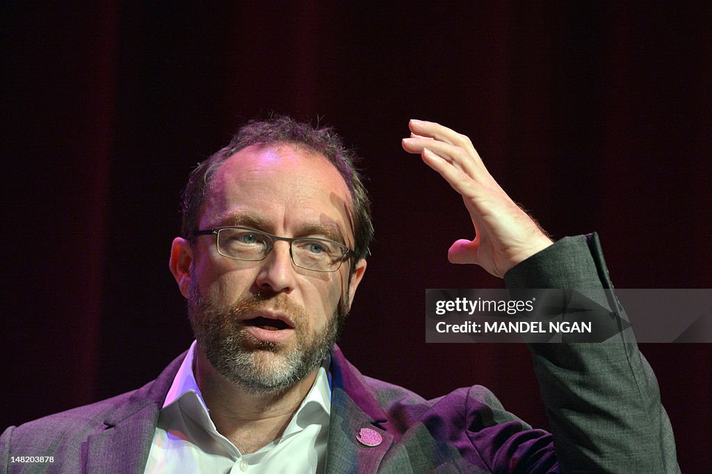 Wikipedia founder Jimmy Wales speaks dur