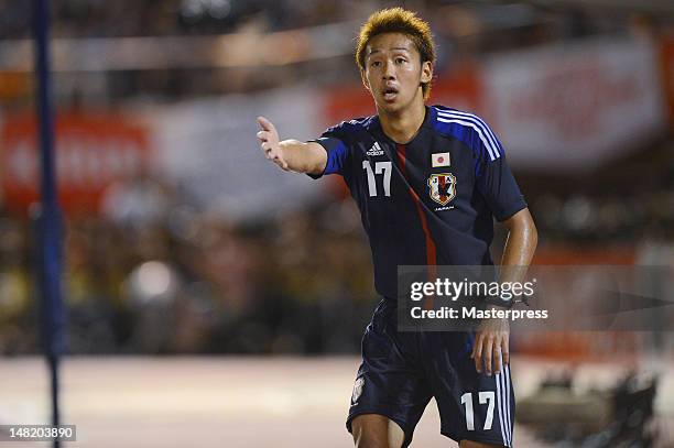 Hiroshi Kiyotake of Japan in action during the international friendly match between Japan U-23 and New Zealand U-23 at the National Stadium on July...