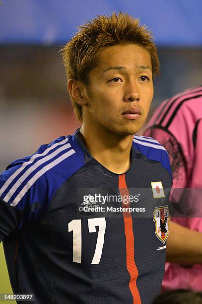 Hiroshi Kiyotake of Japan in action during the international friendly match between Japan U-23 and New Zealand U-23 at the National Stadium on July...