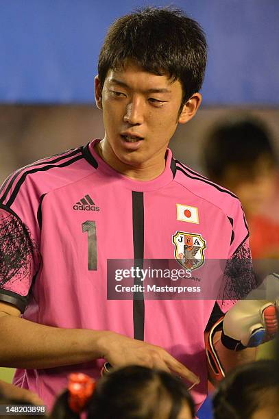 Shuichi Gonda of Japan in action during the international friendly match between Japan U-23 and New Zealand U-23 at the National Stadium on July 11,...