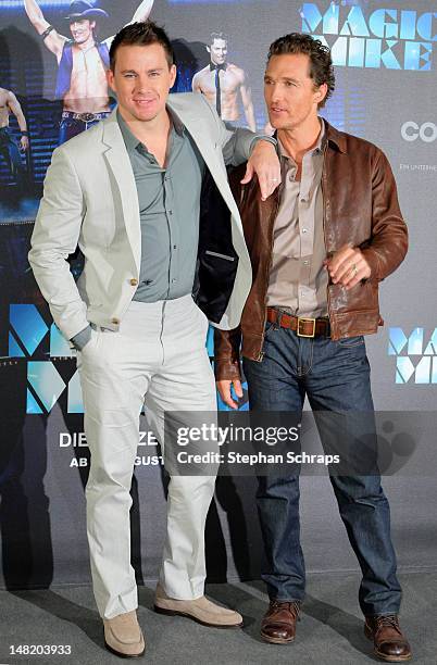 Actors Matthew McConaughey and Channing Tatum attend the 'Magic Mike' photocall at the Hotel De Rome on July 12, 2012 in Berlin, Germany.