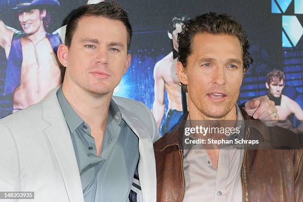 Actors Matthew McConaughey and Channing Tatum attend the 'Magic Mike' photocall at the Hotel De Rome on July 12, 2012 in Berlin, Germany.