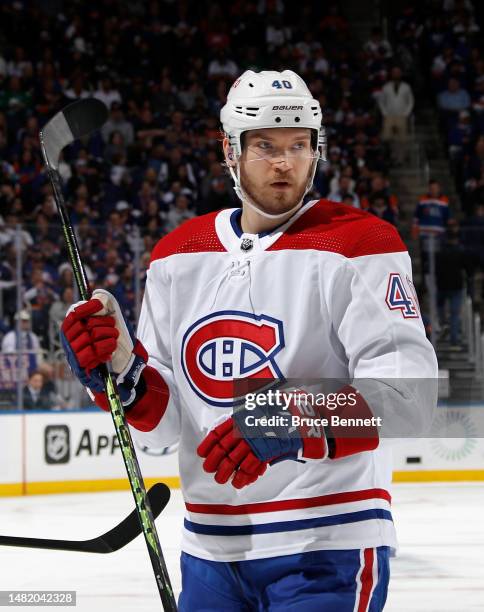 Joel Armia of the Montreal Canadiens skates against the New York Islanders at the UBS Arena on April 12, 2023 in Elmont, New York.