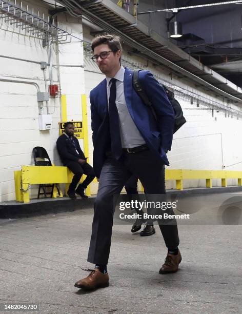 General Manager Kyle Dubas of the Toronto Maple Leafs arrives for the game against the New York Rangers at Madison Square Garden on April 13, 2023 in...