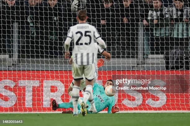 Mattia Perin of Juventus makes a save during the UEFA Europa League quarterfinal first leg match between Juventus and Sporting CP at Allianz Stadium...