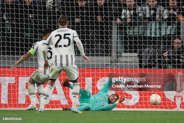 Mattia Perin of Juventus makes a save during the UEFA Europa League quarterfinal first leg match between Juventus and Sporting CP at Allianz Stadium...