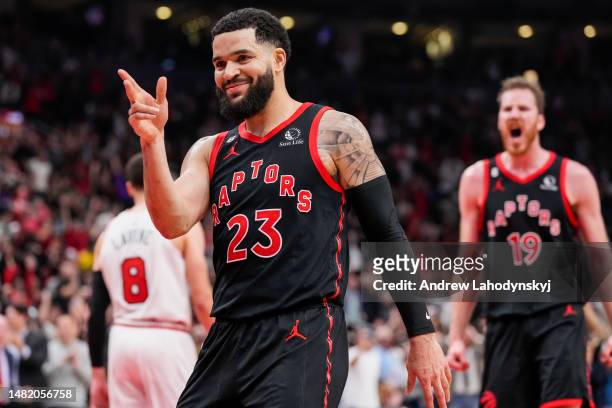 Fred VanVleet of the Toronto Raptors celebrates against the Chicago Bulls during the 2023 Play-In Tournament at the Scotiabank Arena on April 12,...