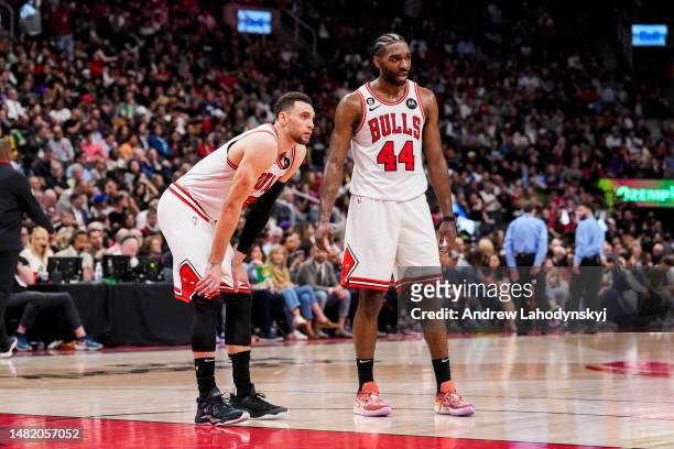 Zach LaVine and Patrick Williams of the Chicago Bulls look on against the Toronto Raptors during the 2023 Play-In Tournament at the Scotiabank Arena...