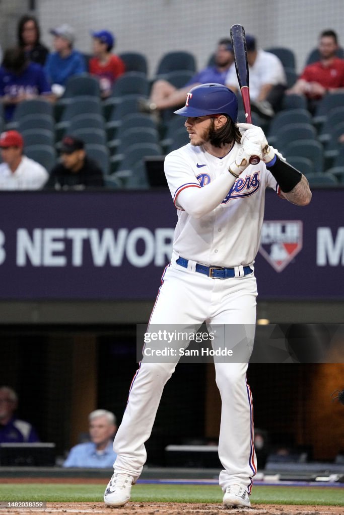 Texas Ranger Heim Jonah Heim of the Texas Rangers waits for a pitch during the game ...