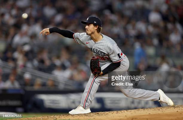 Joe Ryan of the Minnesota Twins delivers a pitch in the first inning against the New York Yankees at Yankee Stadium on April 13, 2023 in Bronx...